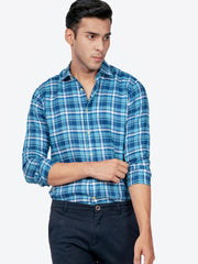 Blue 100% Linen Checkered Shirt