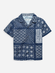 Blue Geo Printed Cuban Collar Half Sleeve Shirt