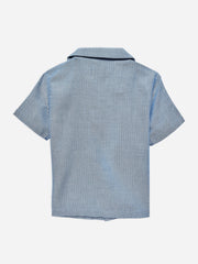 Blue Herringone Cuban Collar Half Sleeve Shirt