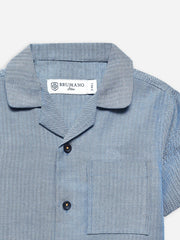 Blue Herringone Cuban Collar Half Sleeve Shirt