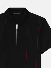 Black Front Striped Zipper Polo