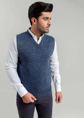 Blue & Yellow Patterned Sleeveless V-Neck Sweater