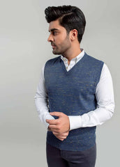 Blue & Yellow Patterned Sleeveless V-Neck Sweater