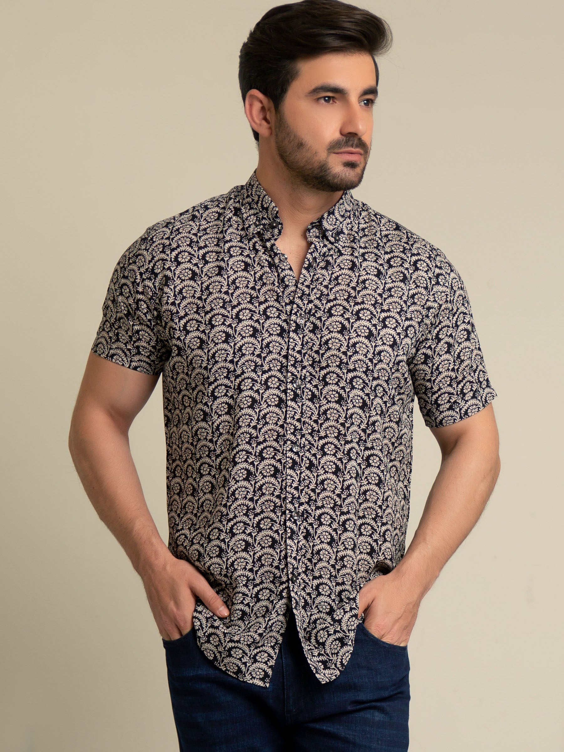 Black & Beige Half Sleeve Floral Printed Shirt