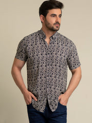 Black & Beige Half Sleeve Floral Printed Shirt