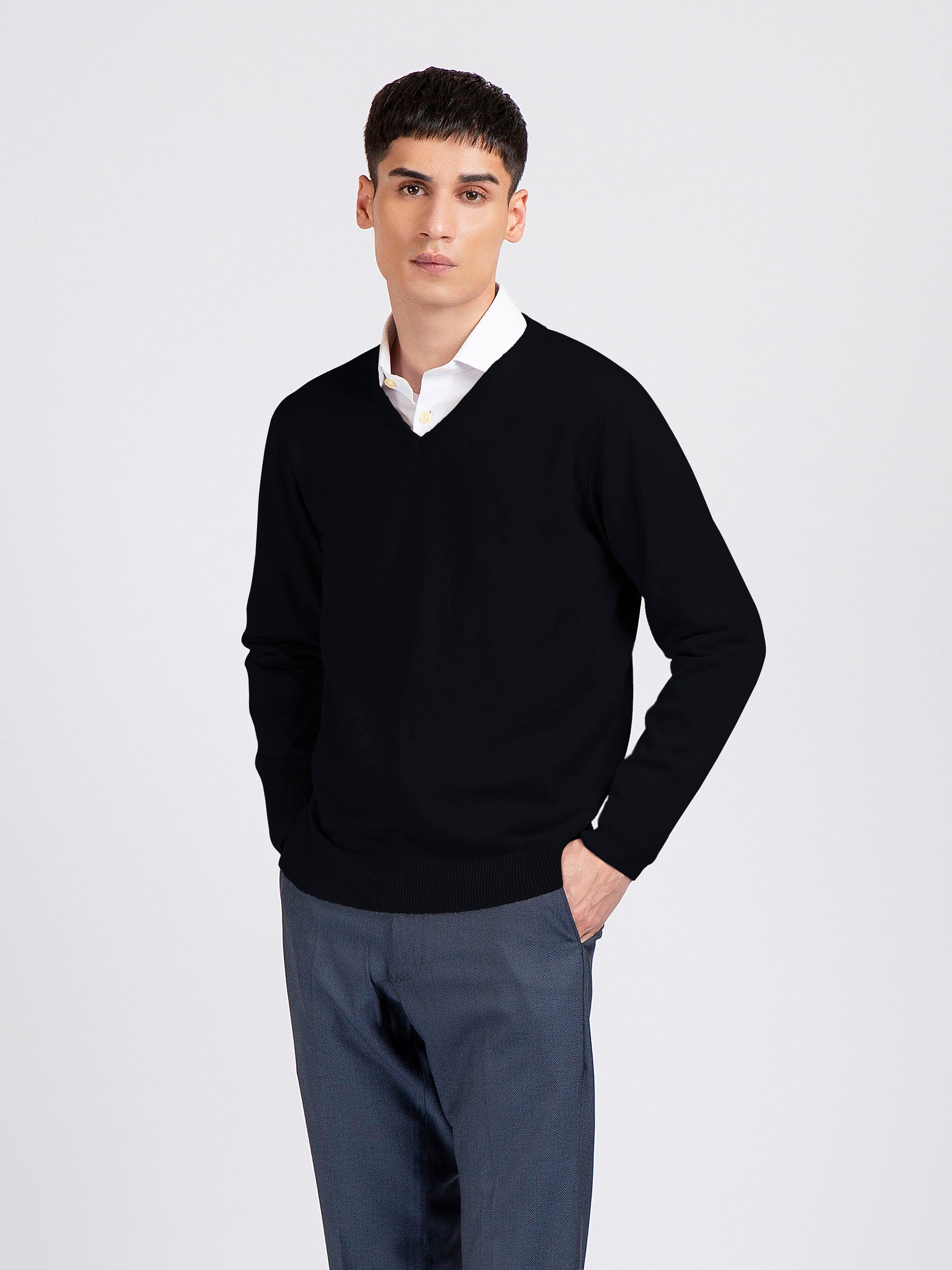 Black V-Neck Wool Blended Sweater
