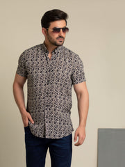Black & Beige Half Sleeve Floral Printed Shirt