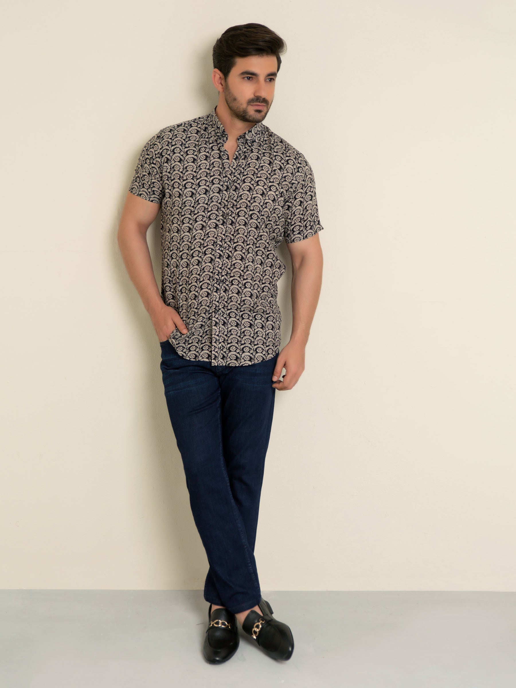 Black & Beige Half Sleeve Floral Printed Shirt