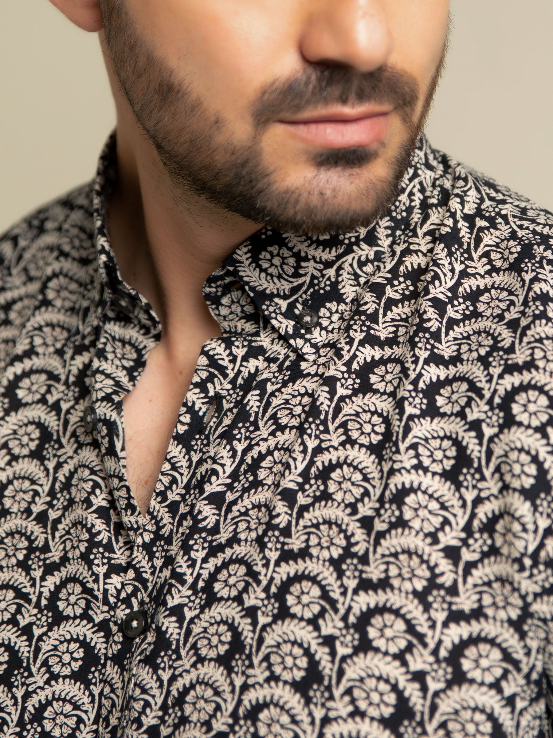 Black & Beige Half Sleeve Floral Printed Shirt