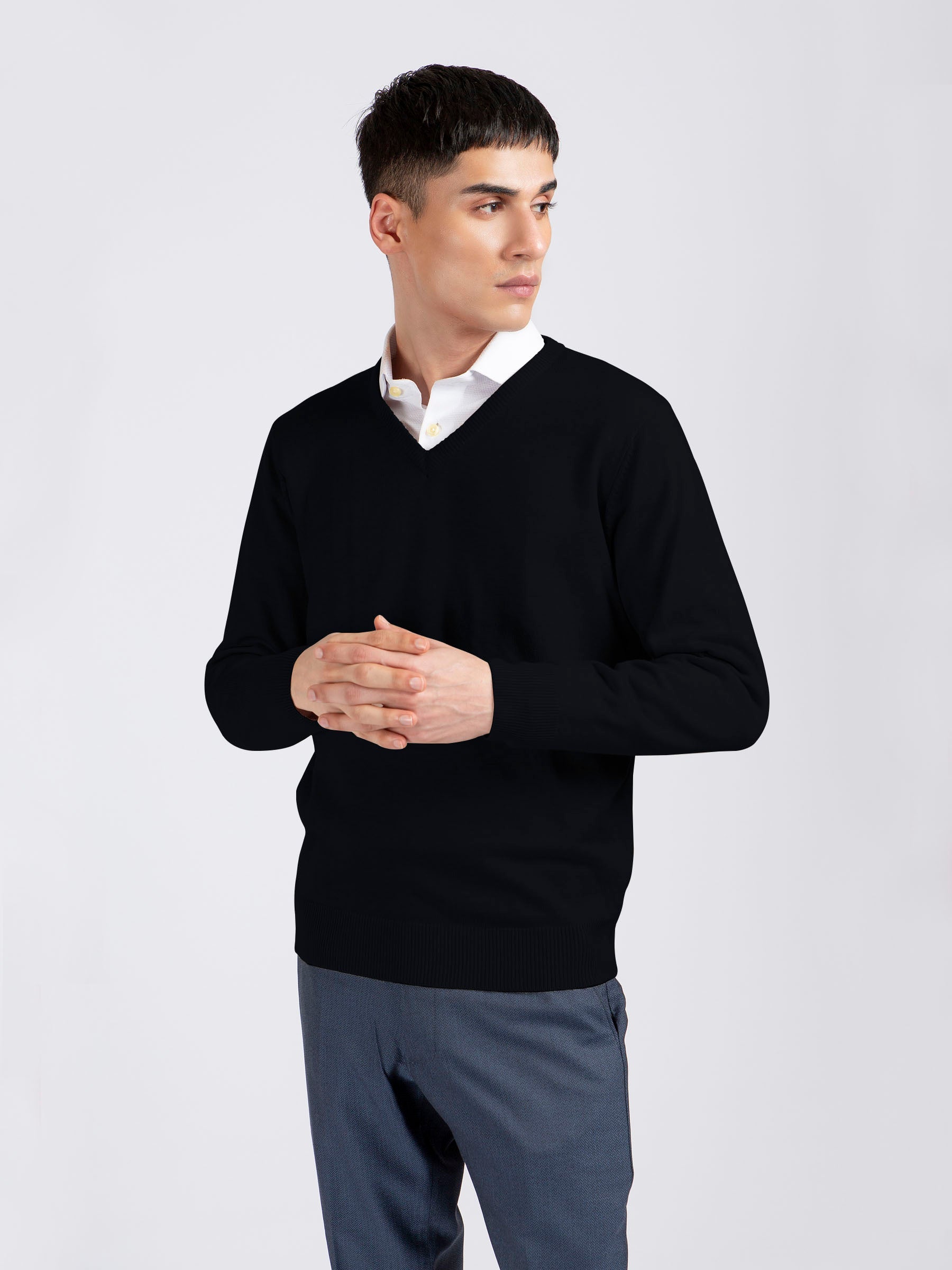 Black V-Neck Wool Blended Sweater