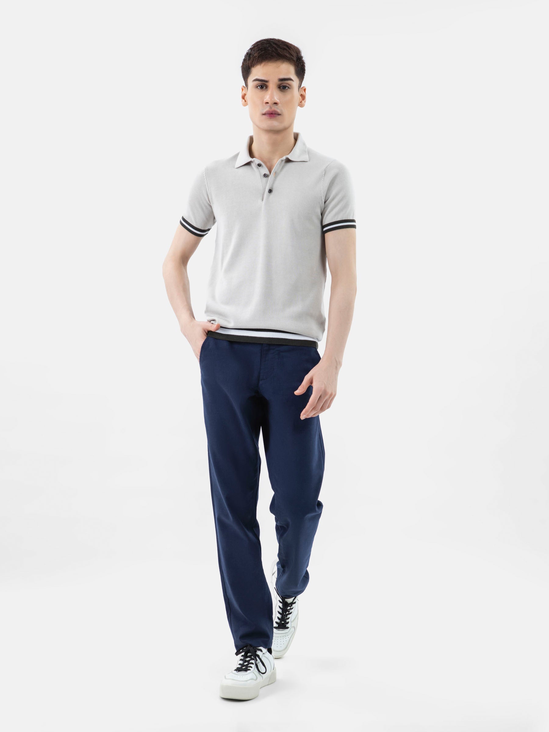 Beige Flat Knit Polo With Contrasting Rib