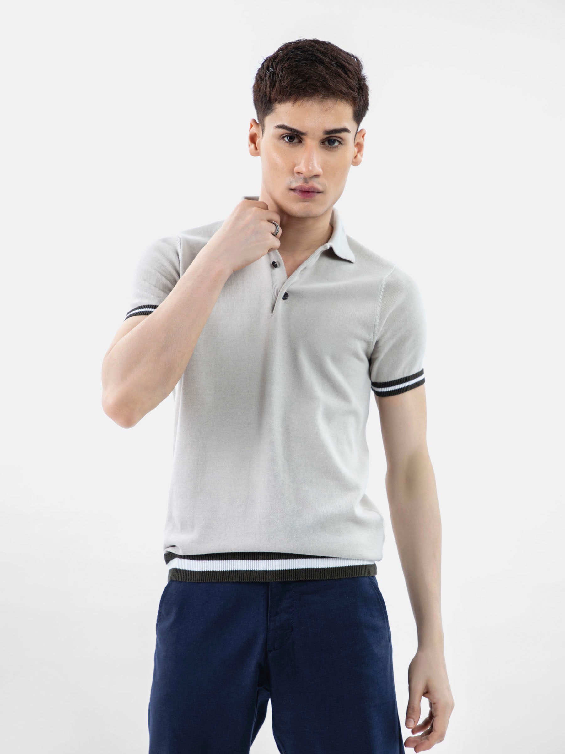 Beige Flat Knit Polo With Contrasting Rib