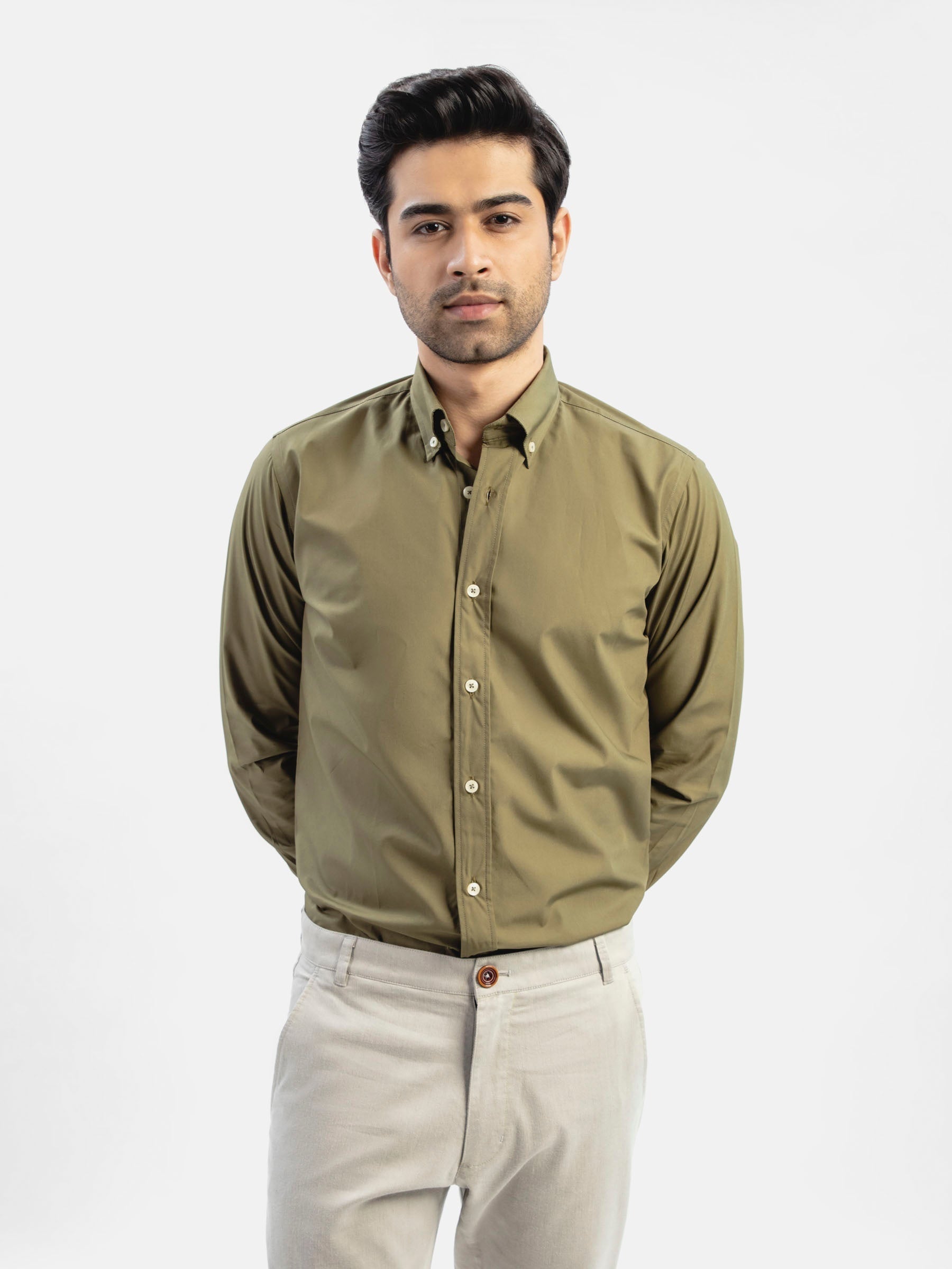 Basic Olive Green Button Down Satin Shirt