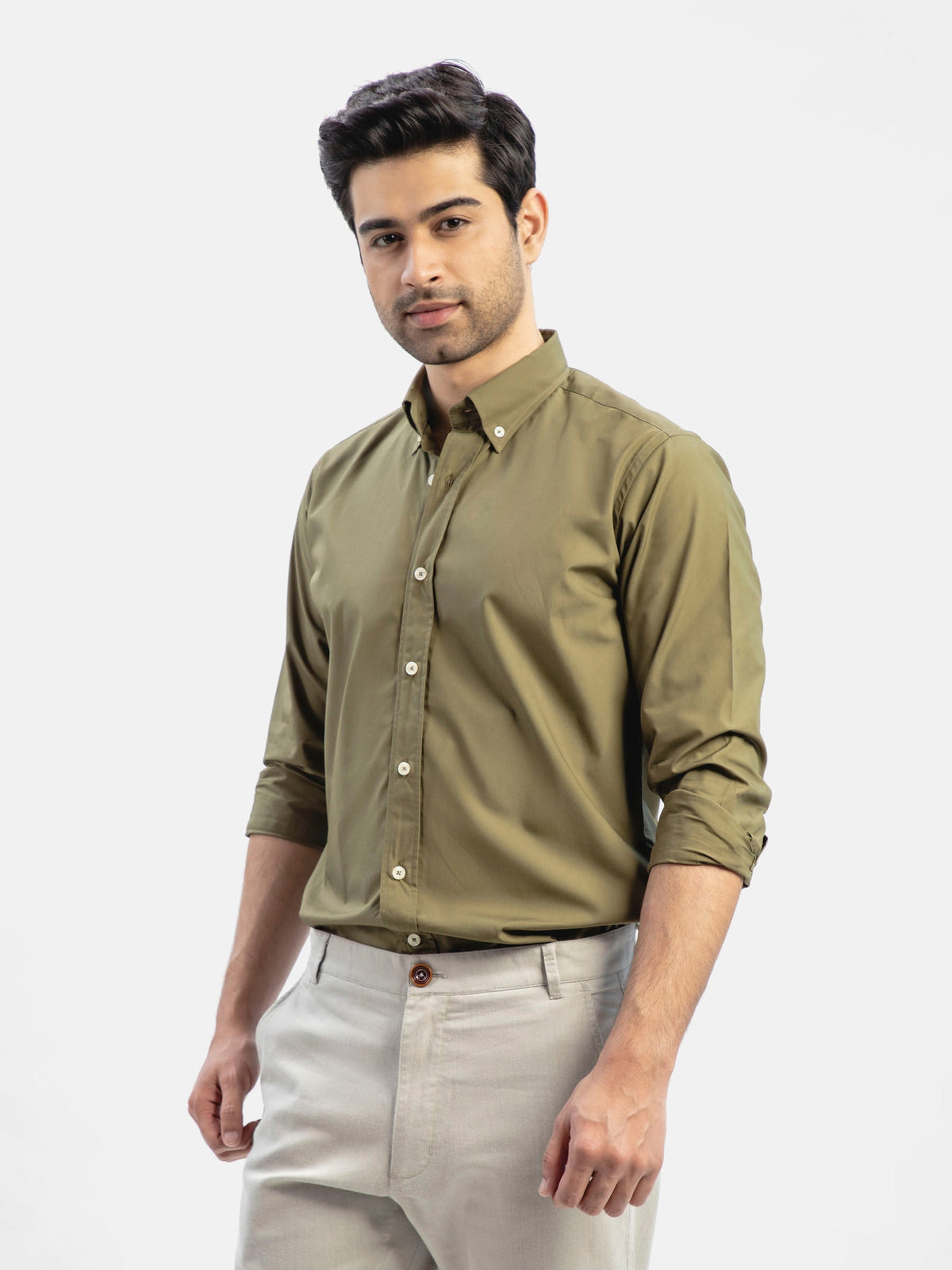 Basic Olive Green Button Down Satin Shirt