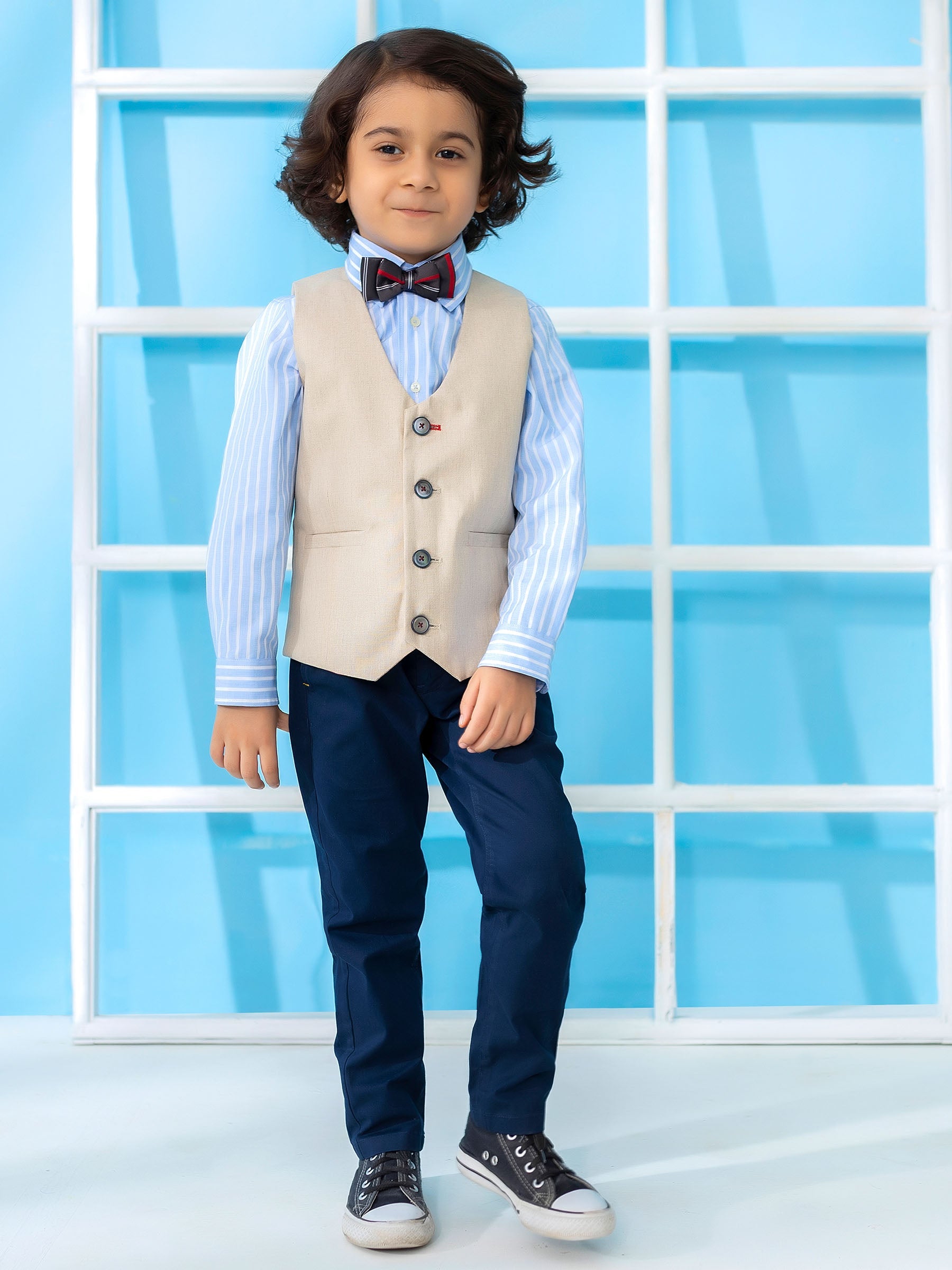 Beige Linen Textured Suit Vest With Bow