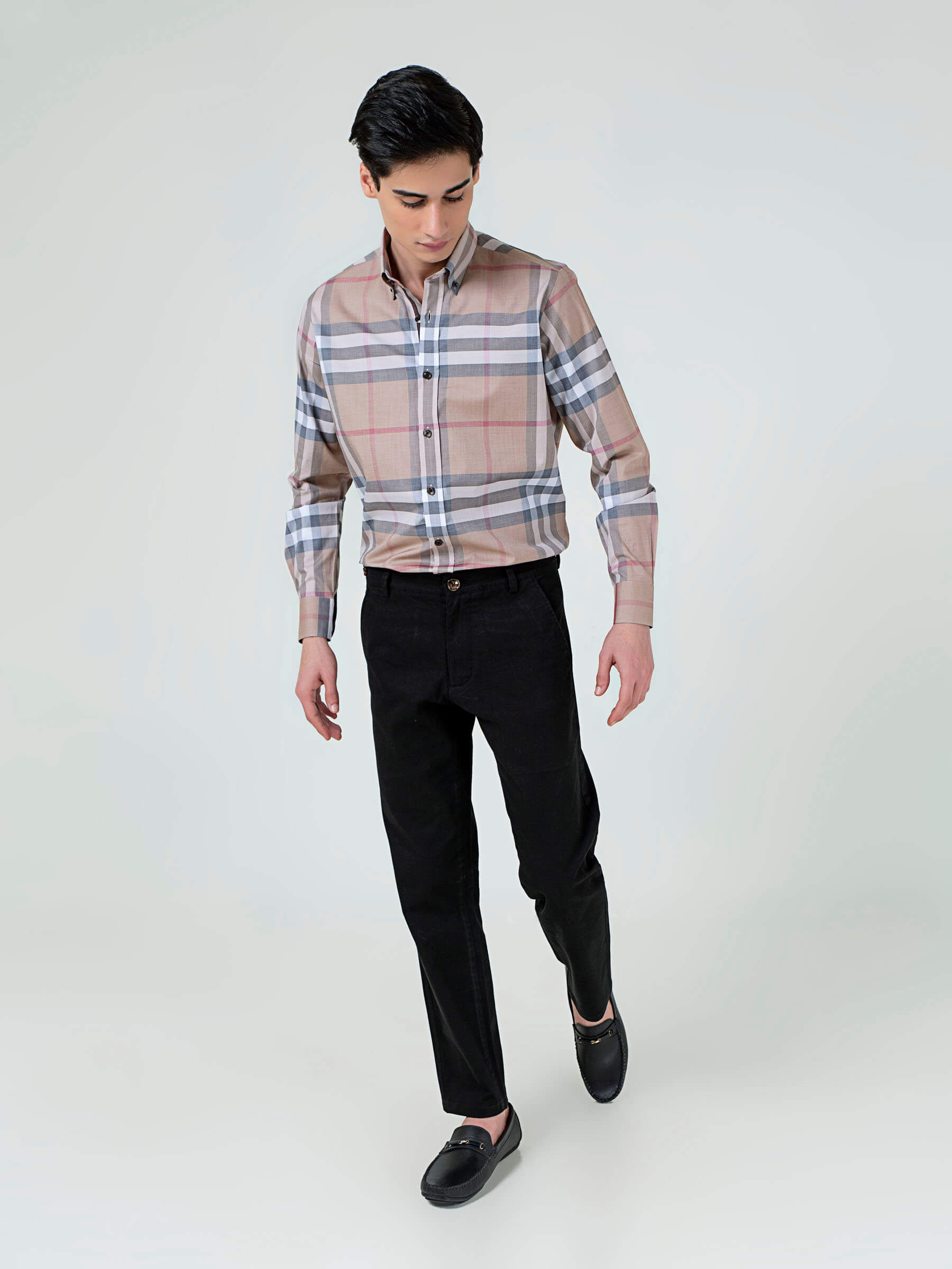 Beige Large Windowpane Checkered Shirt