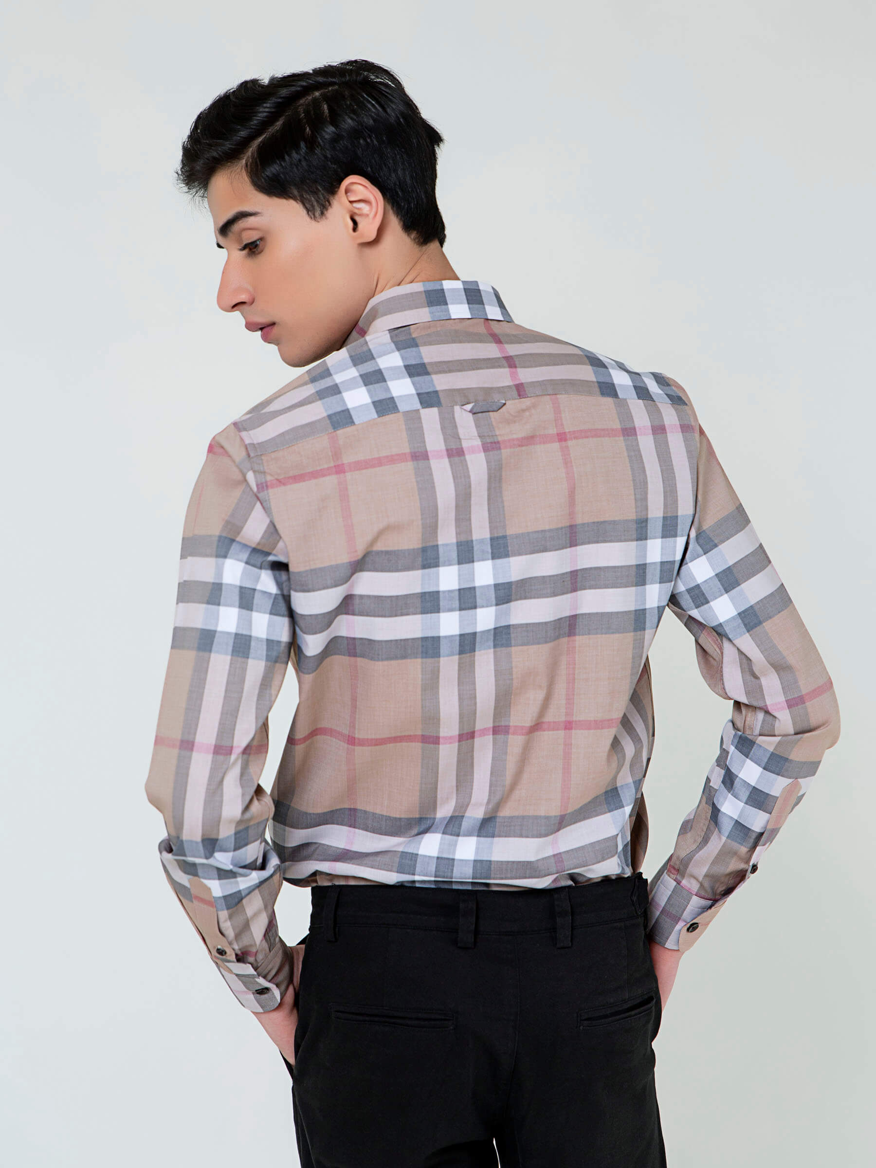 Beige Large Windowpane Checkered Shirt