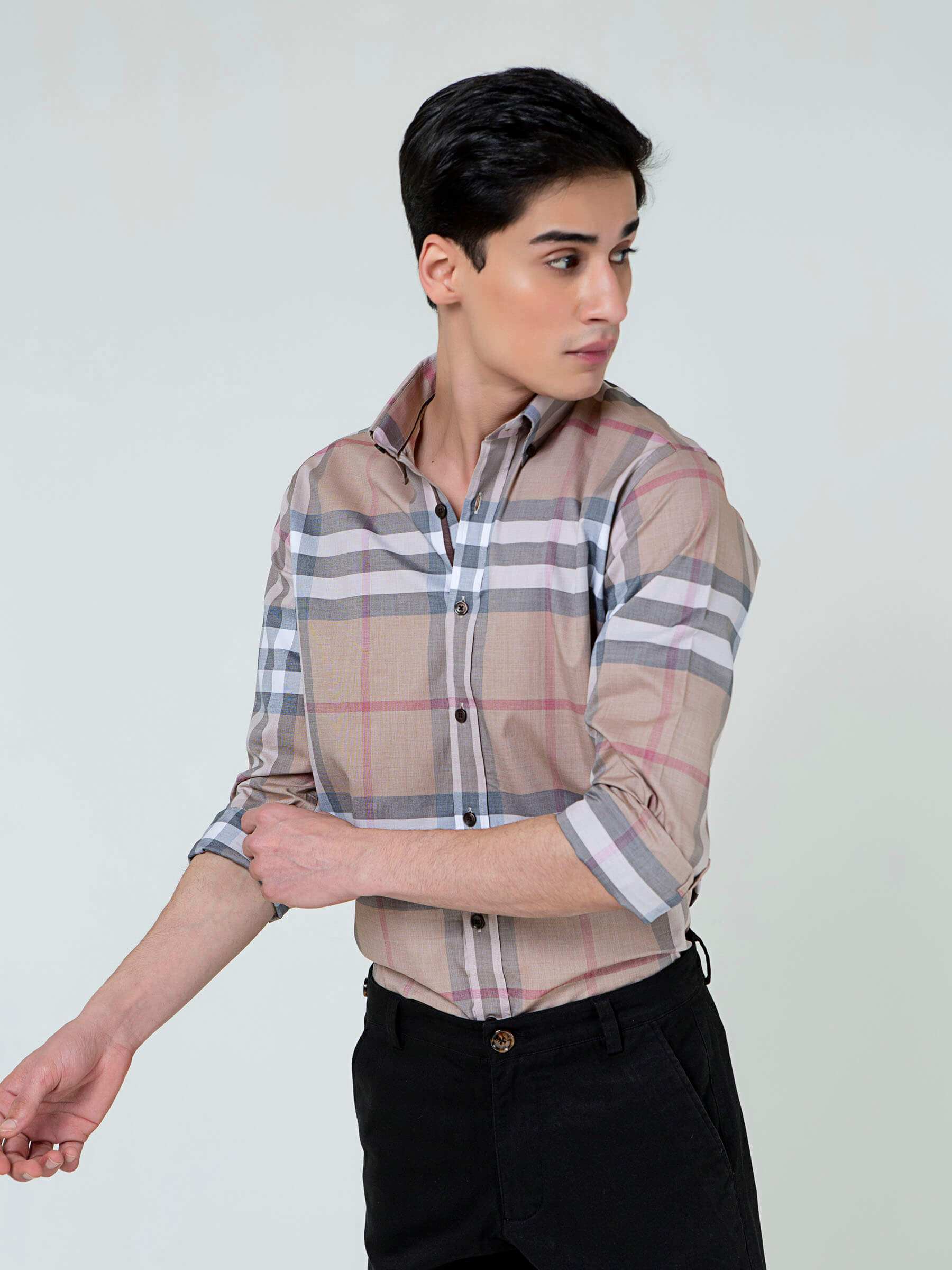 Beige Large Windowpane Checkered Shirt