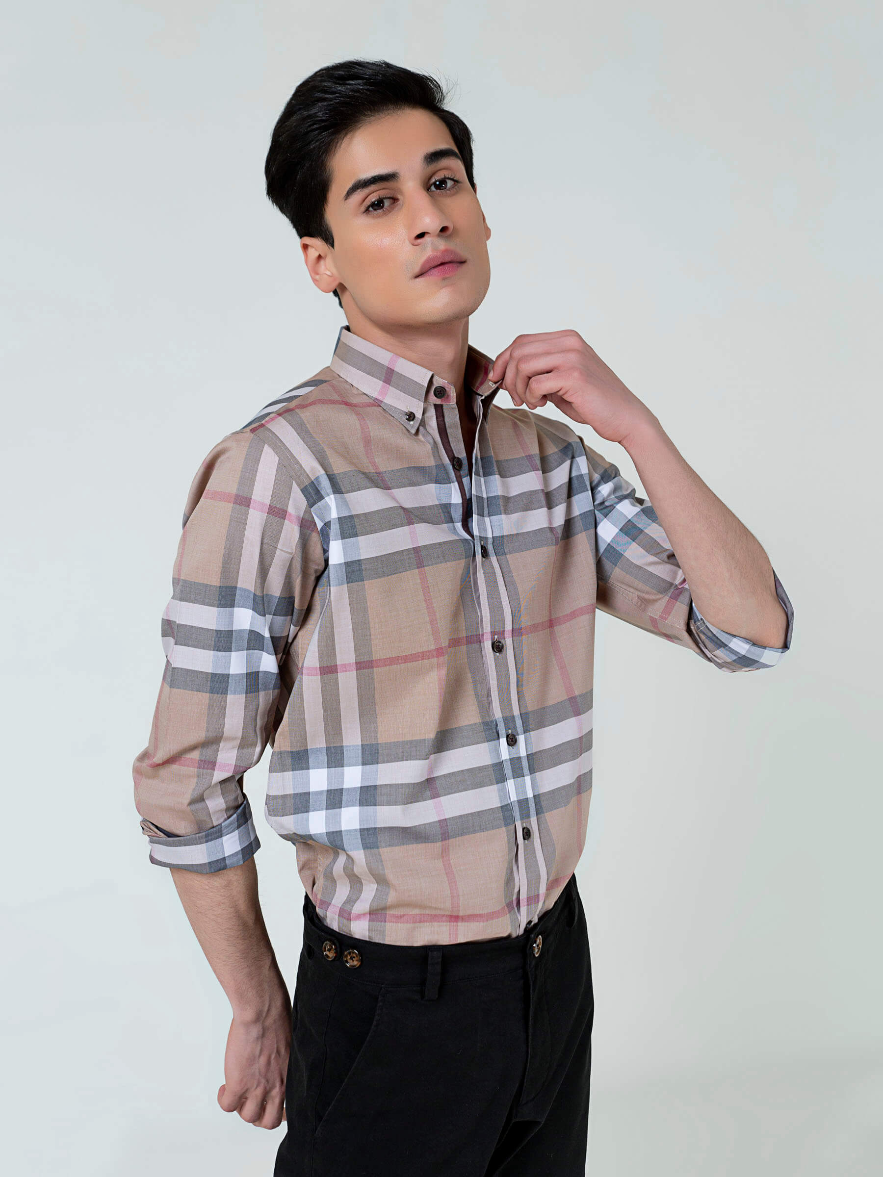Beige Large Windowpane Checkered Shirt