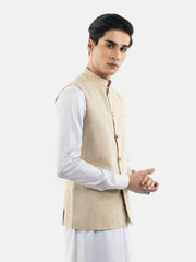 Beige Linen Blended Waistcoat With Golden Buttons