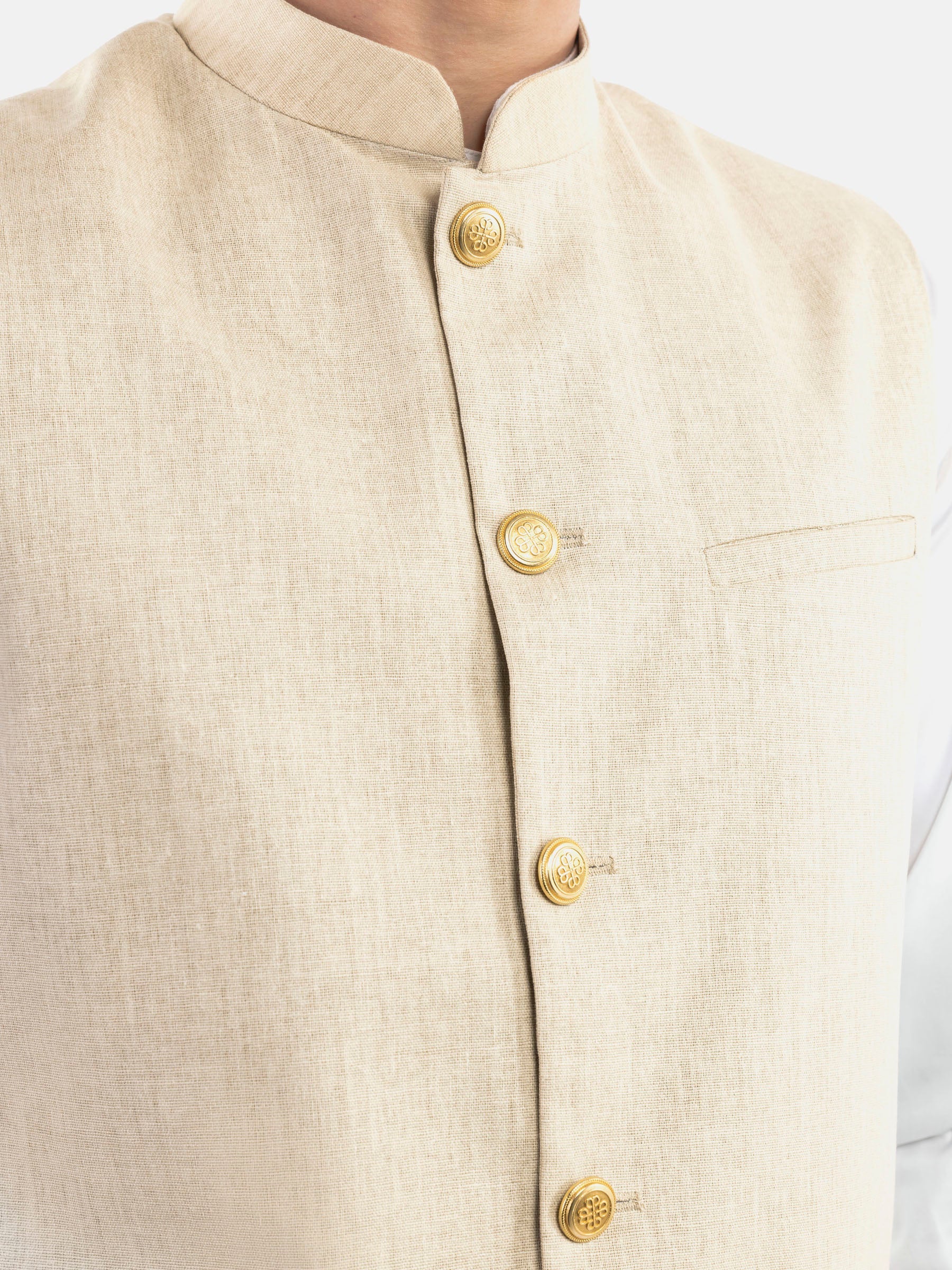Beige Linen Blended Waistcoat With Golden Buttons