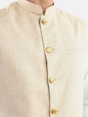 Beige Linen Blended Waistcoat With Golden Buttons