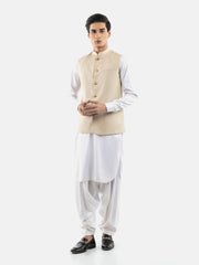 Beige Linen Blended Waistcoat With Golden Buttons