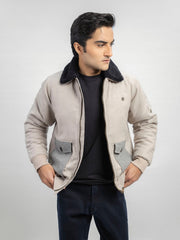 Beige Sherpa Collar Aviator Jacket With Cashmere Pockets