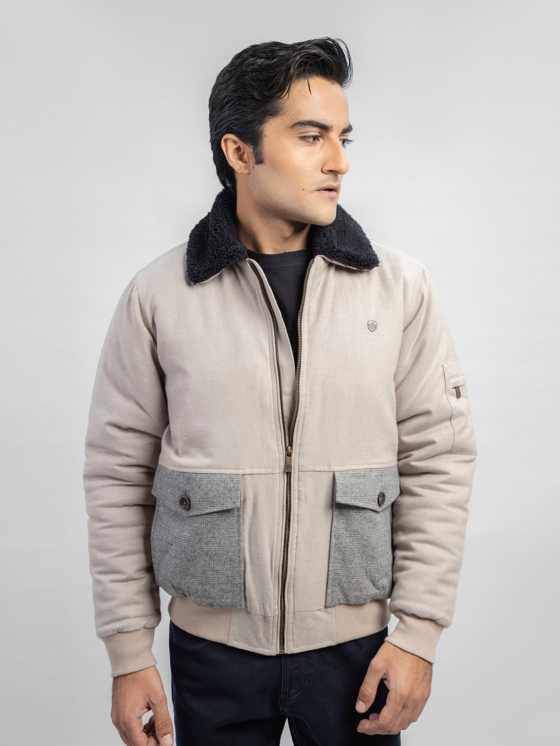 Beige Sherpa Collar Aviator Jacket With Cashmere Pockets