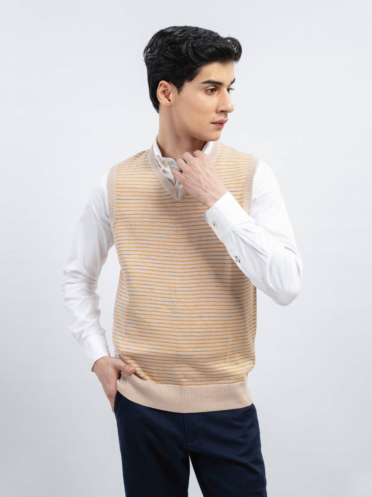 Beige Striped Wool Blended Sleeveless Sweater