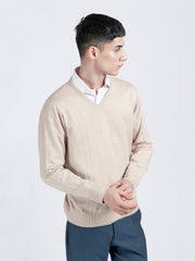 Beige V-Neck Wool Blended Sweater