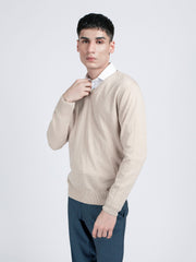 Beige V-Neck Wool Blended Sweater