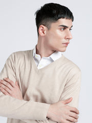 Beige V-Neck Wool Blended Sweater