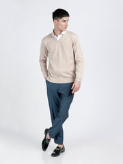 Beige V-Neck Wool Blended Sweater