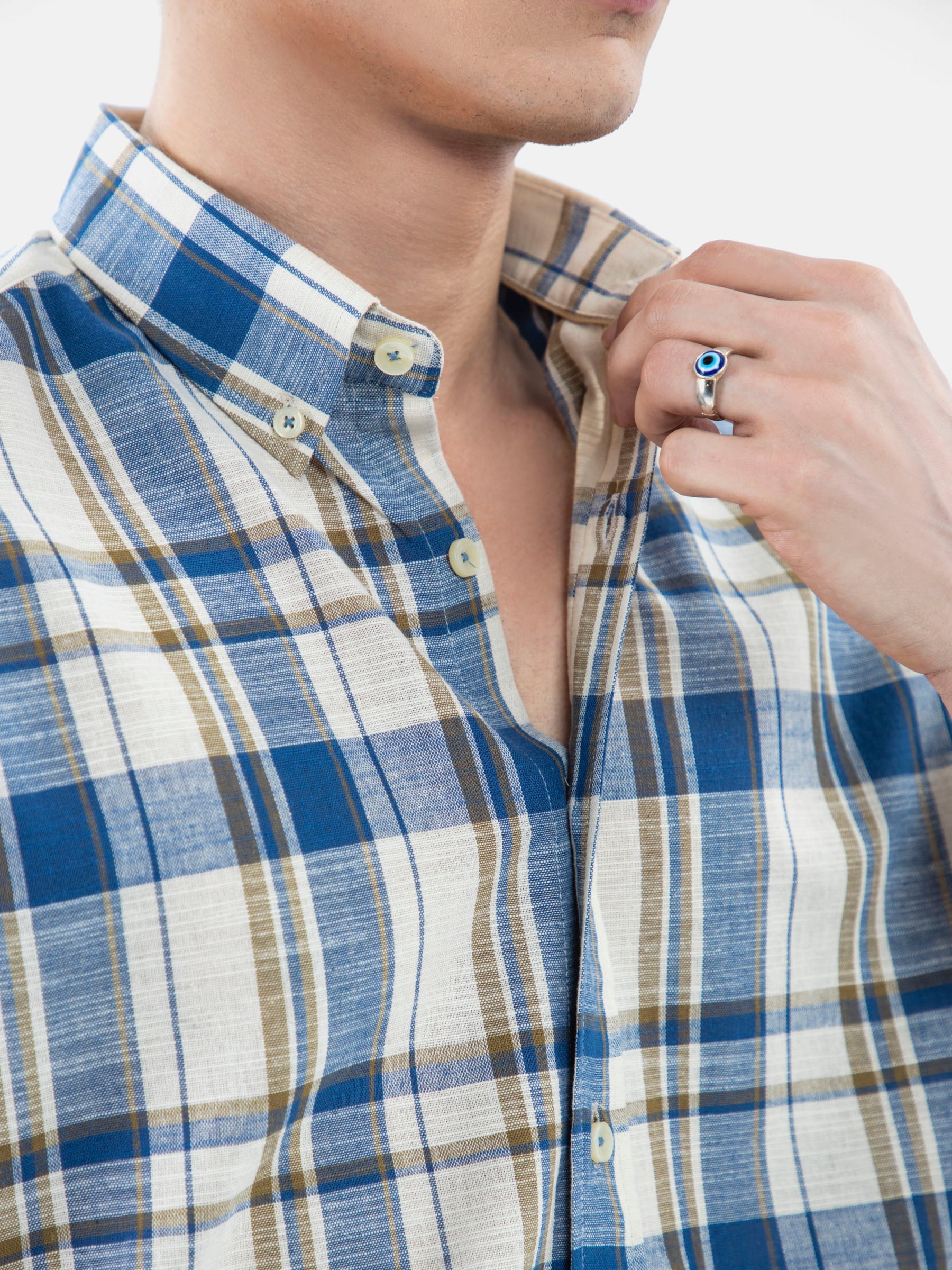 Beige & Blue Linen Checkered Shirt