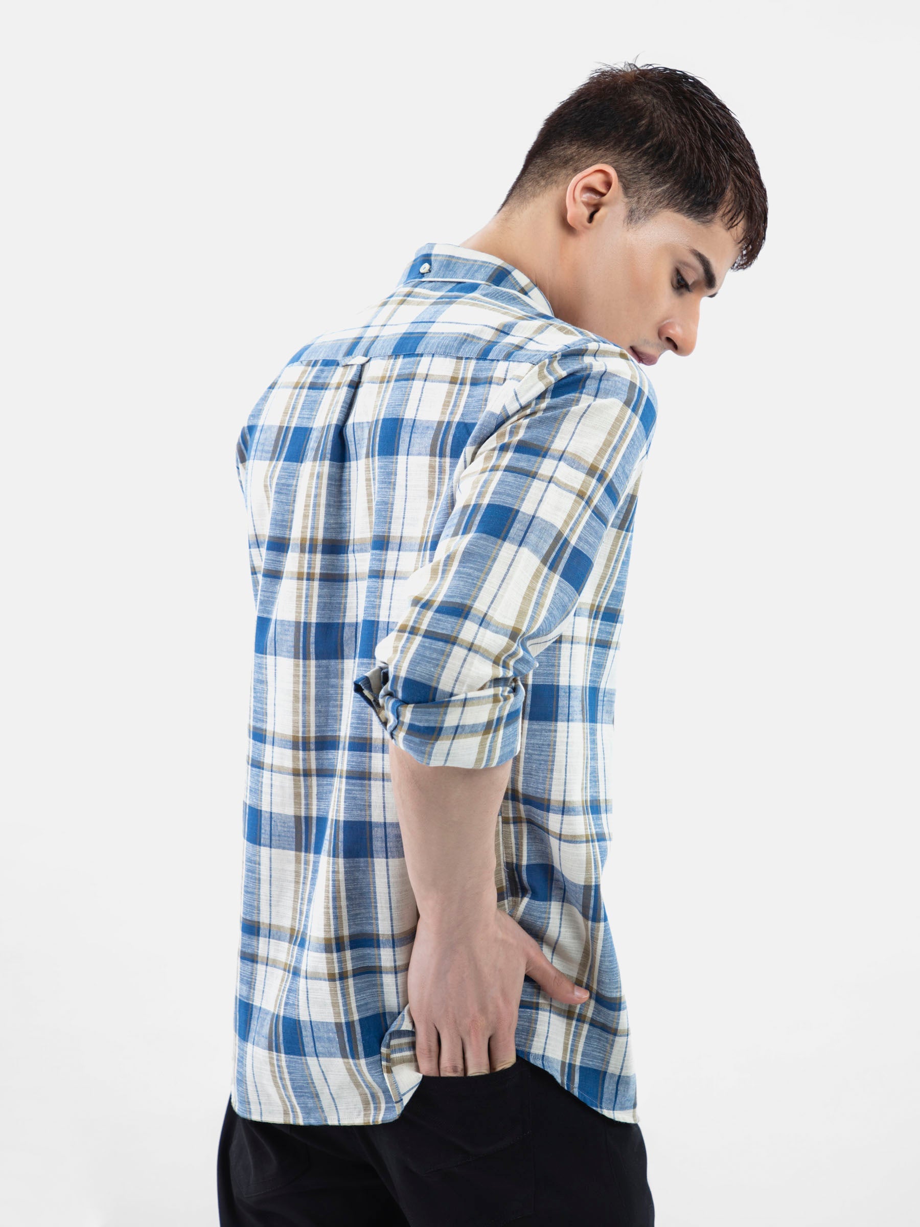 Beige & Blue Linen Checkered Shirt