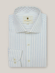 Beige & Blue Striped Cotton Linen Formal Shirt