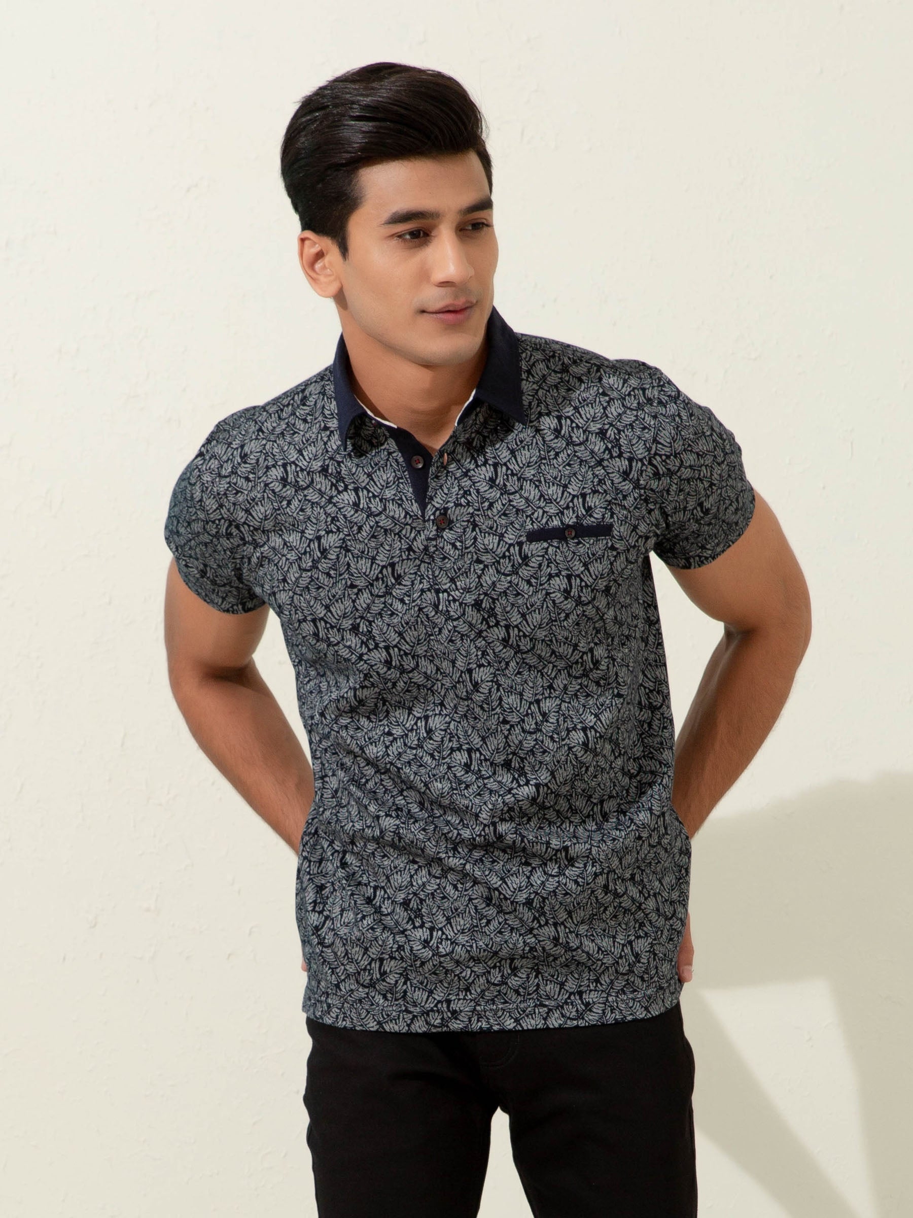 Black Floral Printed Polo Shirt