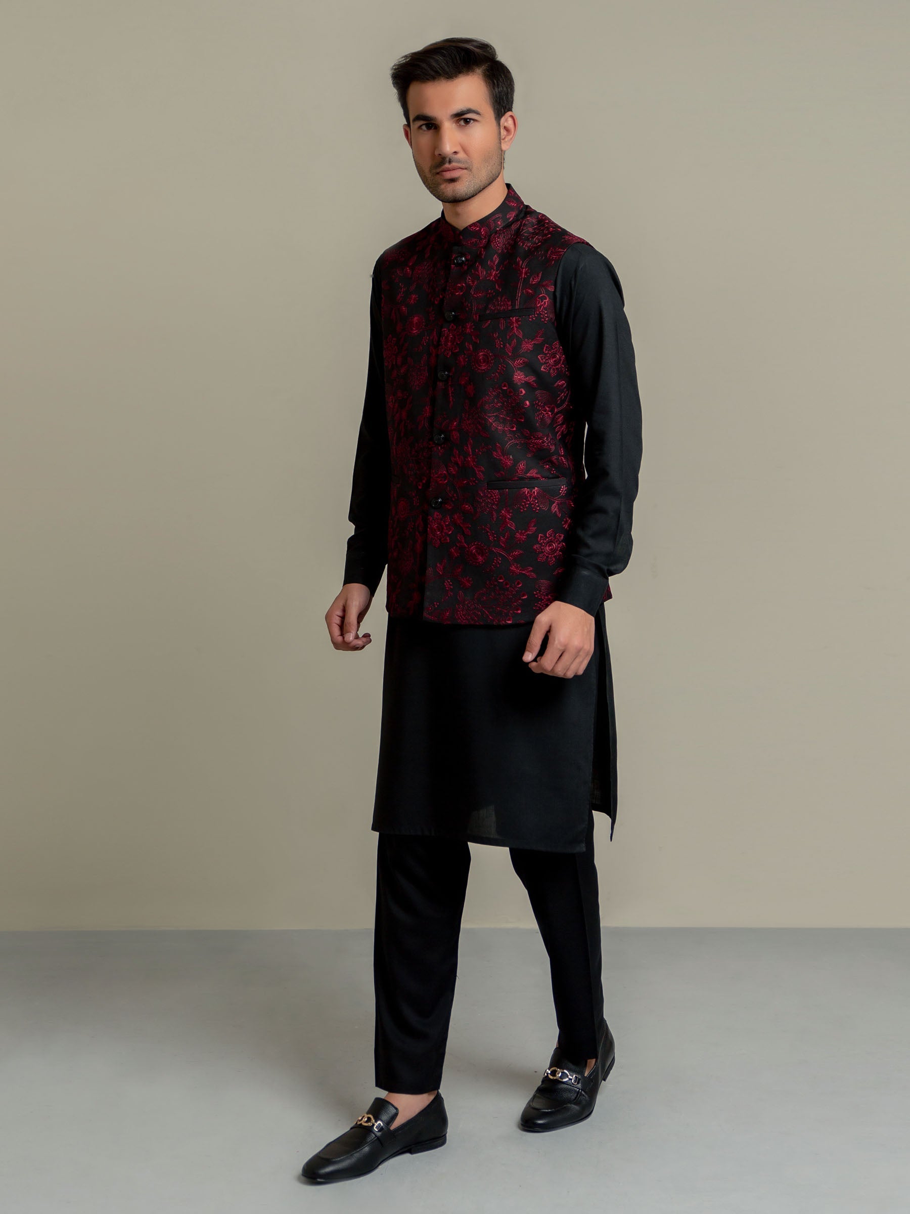 Black & Maroon Embroidered Sartoria Waistcoat