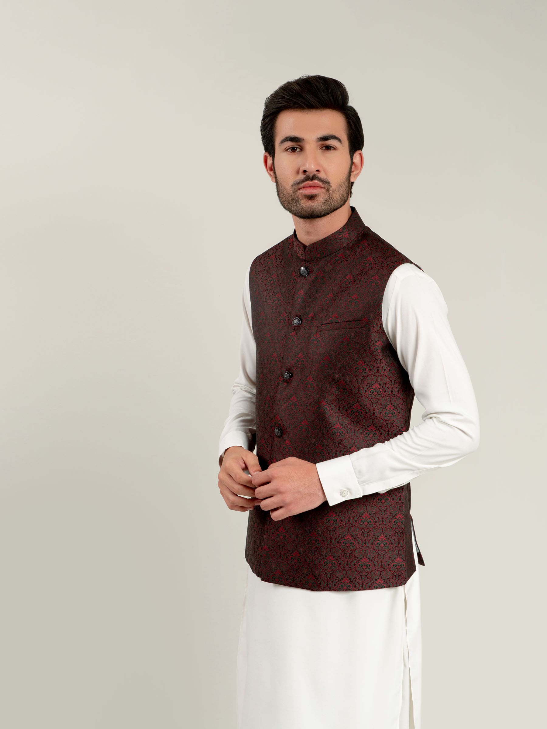 Black & Maroon Jacquard Waistcoat