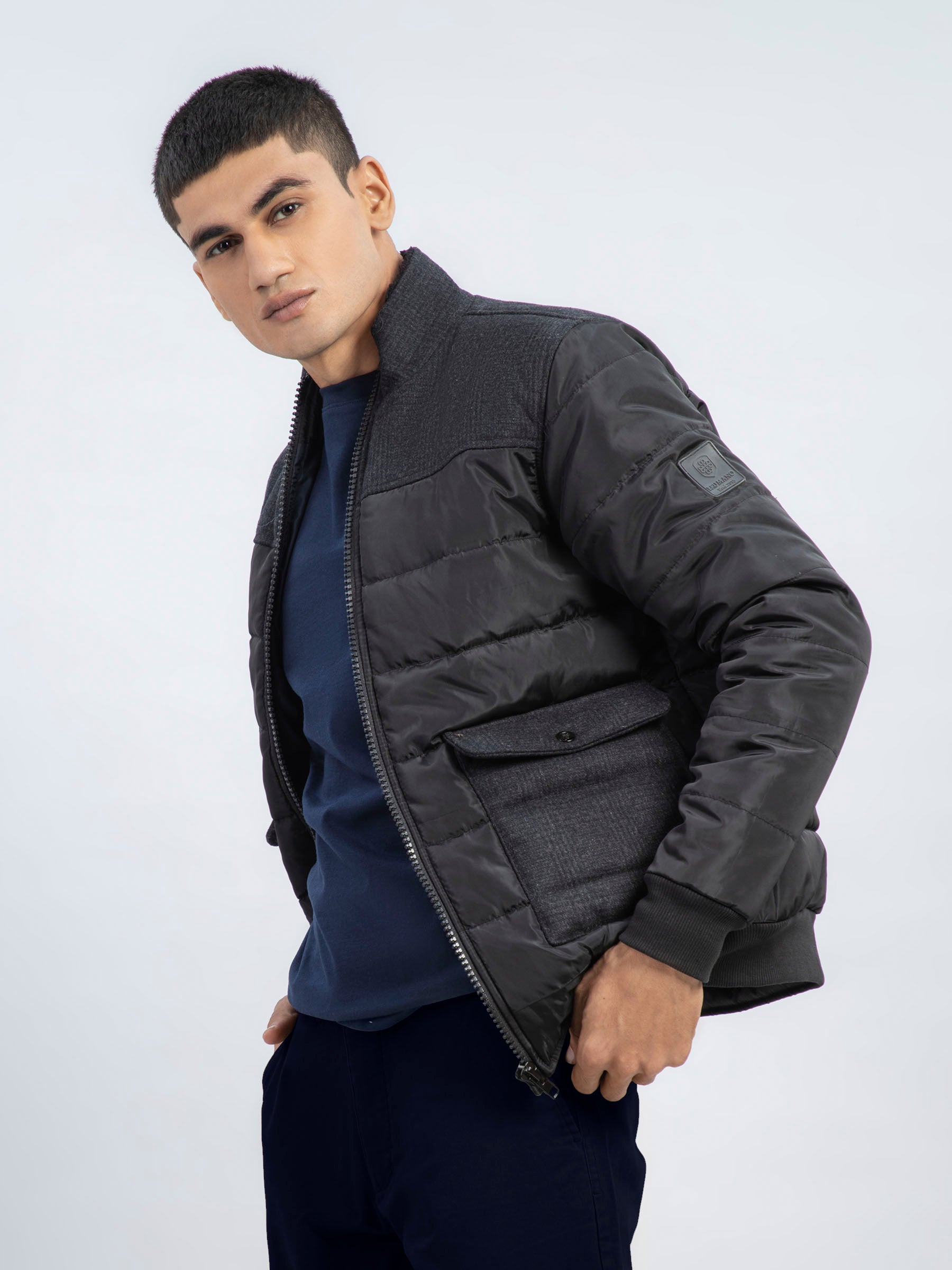 Black Contrasting Wool Puffer Jacket
