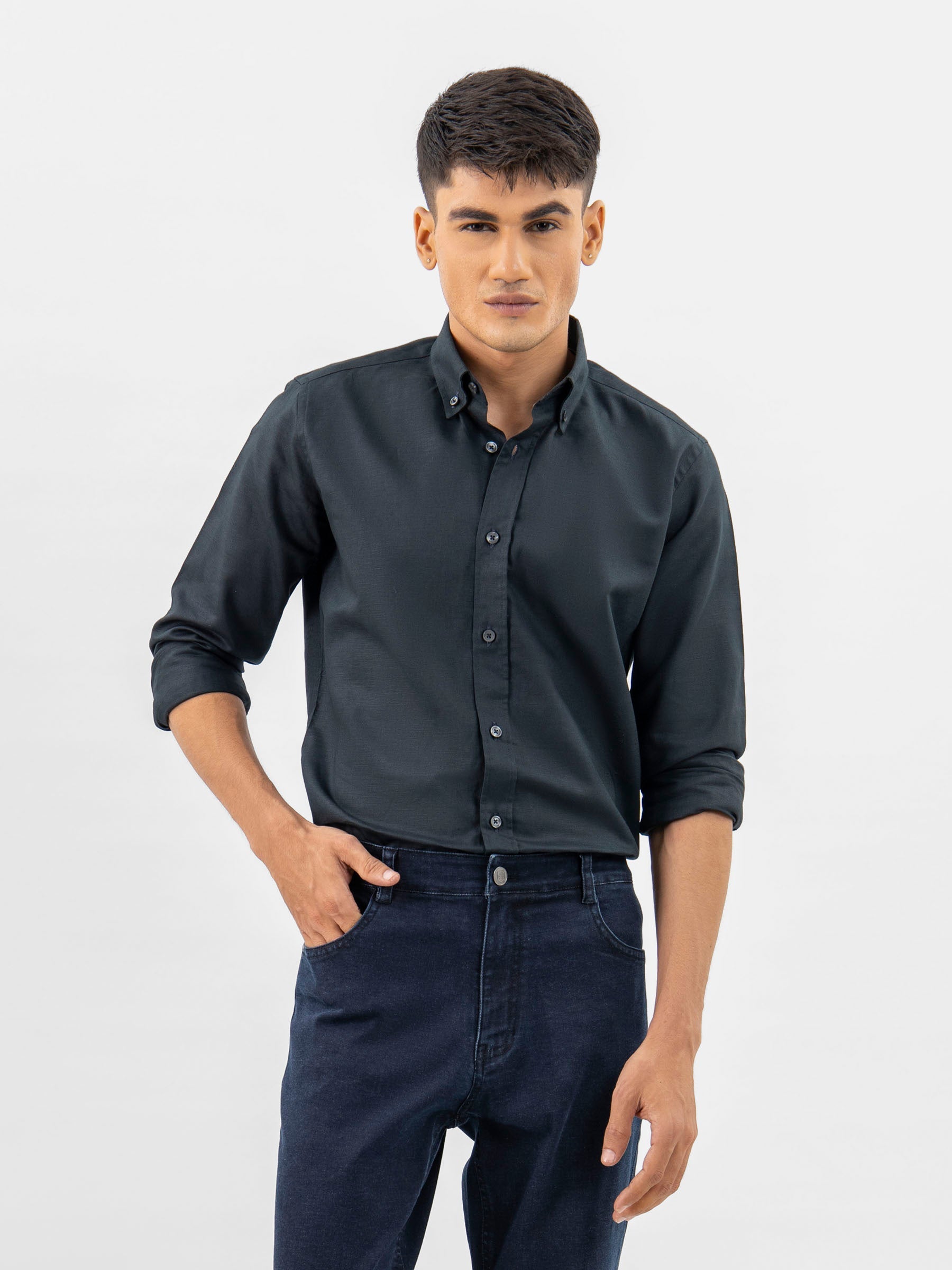 Black Cotton/Linen Button Down Shirt