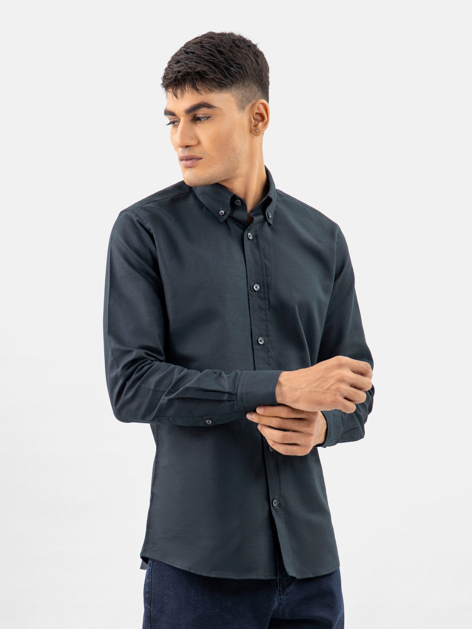 Black Cotton/Linen Button Down Shirt