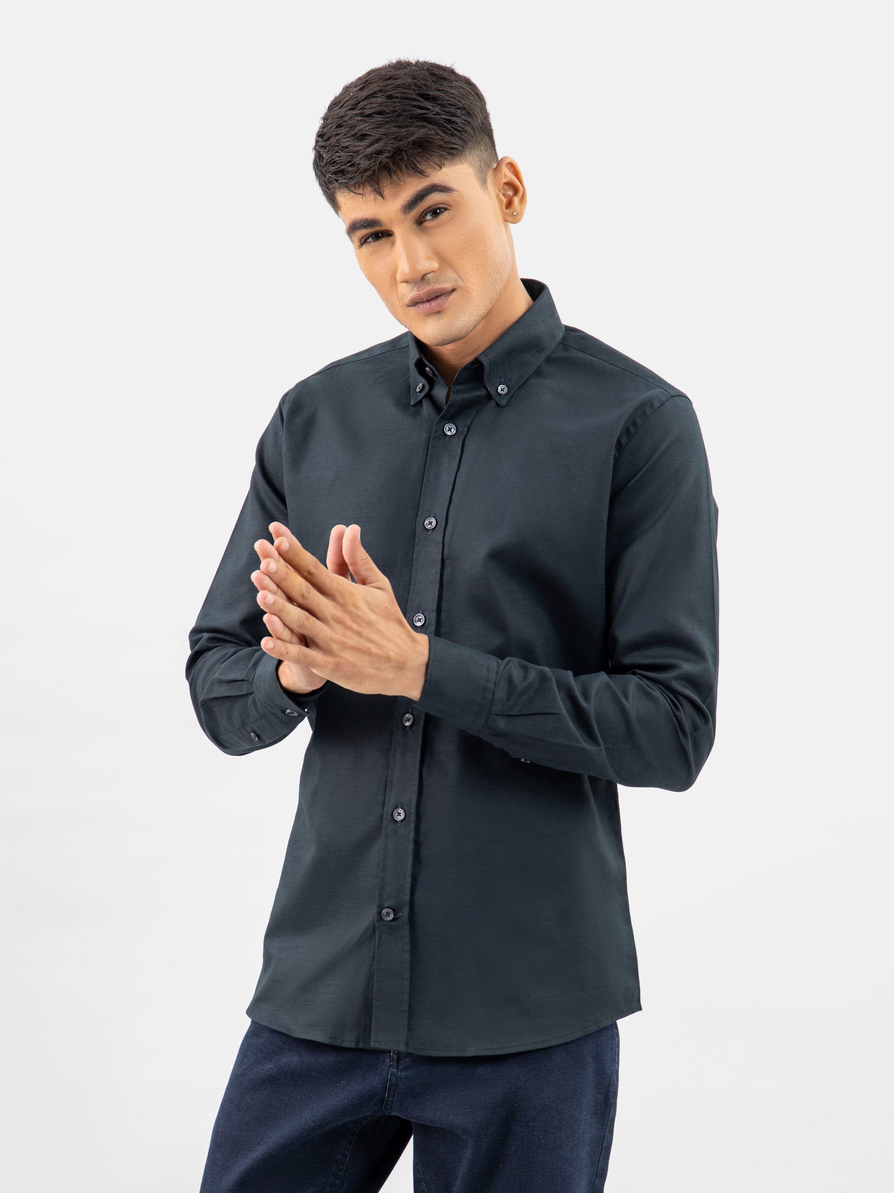 Black Cotton/Linen Button Down Shirt