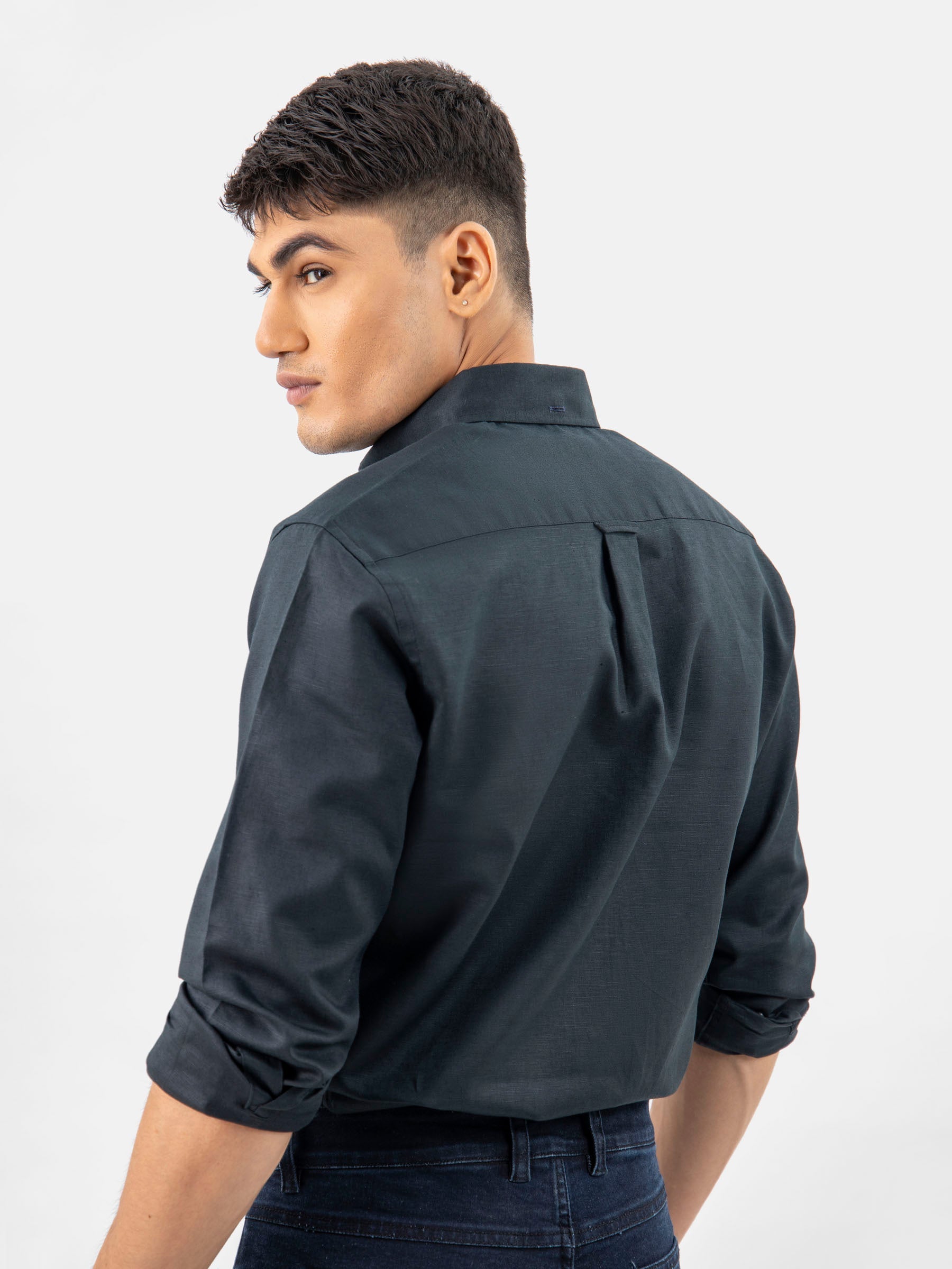 Black Cotton/Linen Button Down Shirt