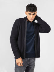 Black Knitted Textured Zipper Jacket With Detailing