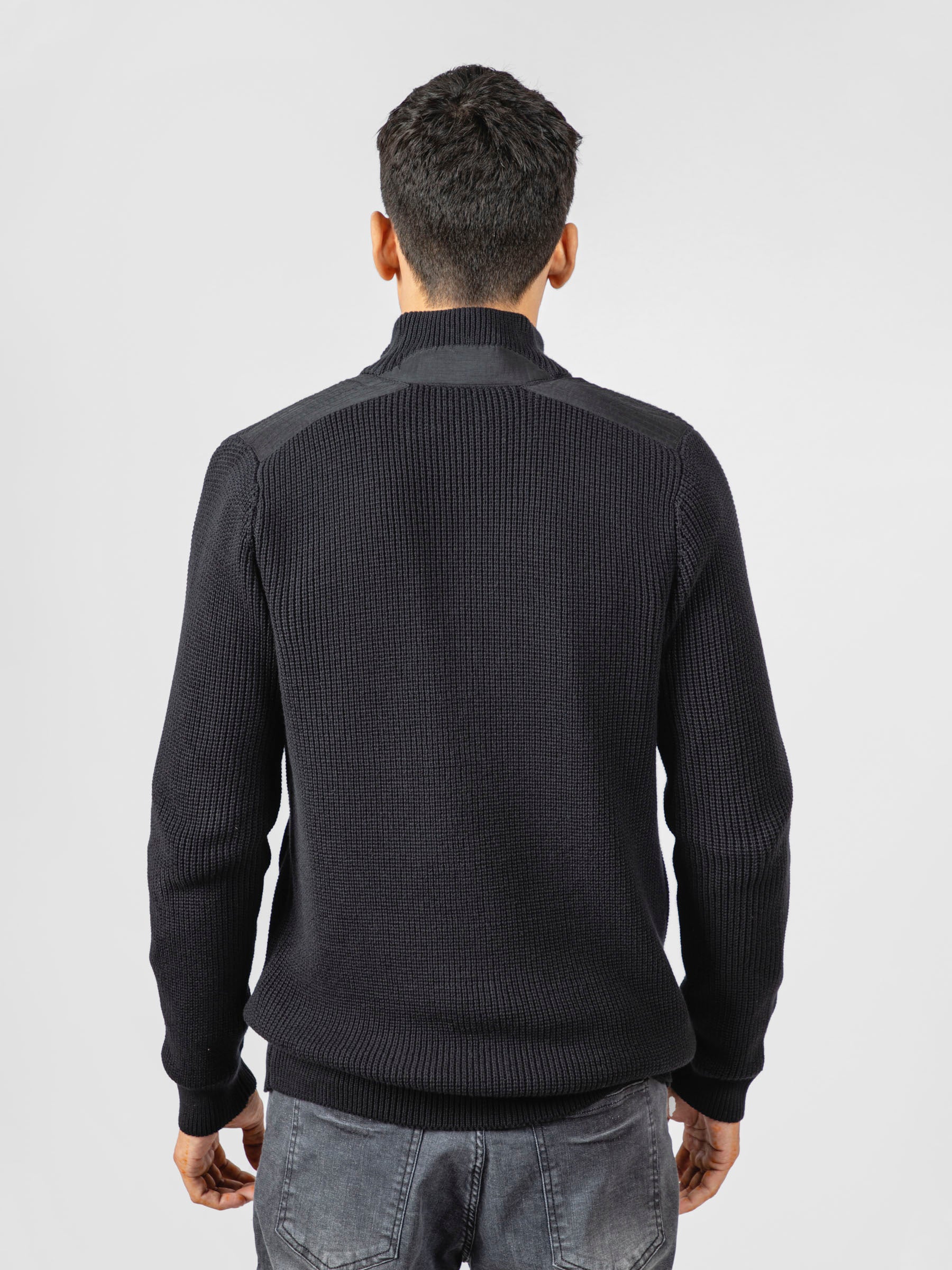 Black Knitted Textured Zipper Jacket With Detailing