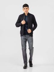 Black Knitted Textured Zipper Jacket With Detailing