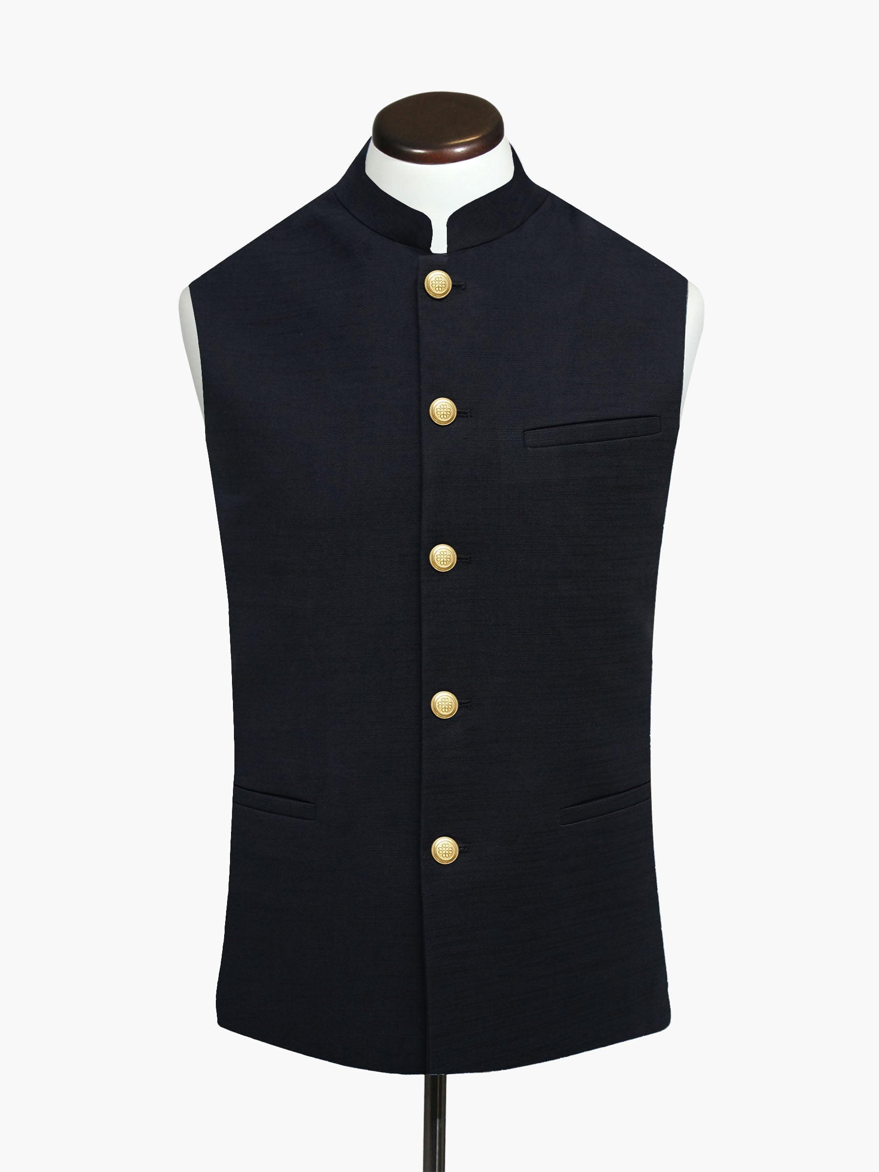 Black Linen Blended Waistcoat With Golden Buttons - Sartoria