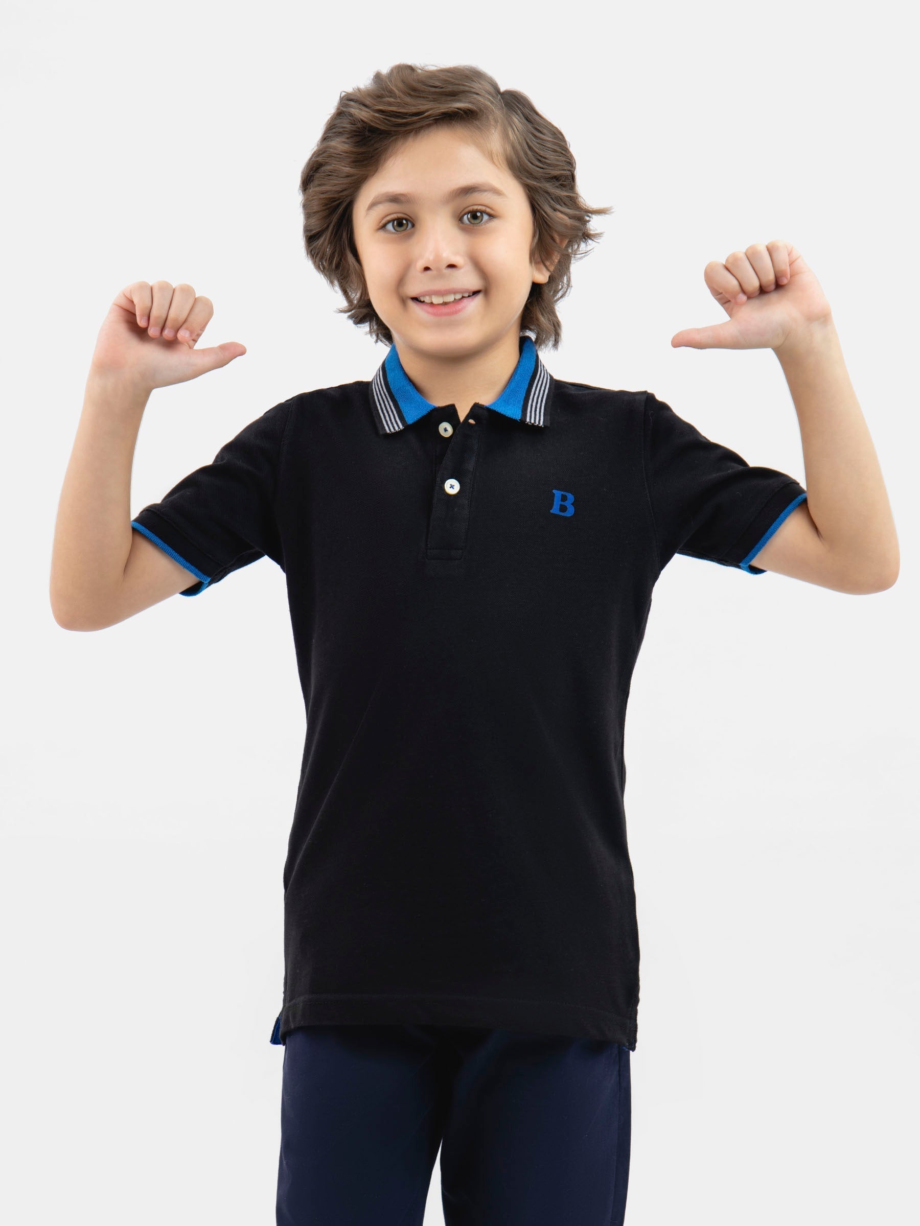 Black Pique Polo With Blue Collar